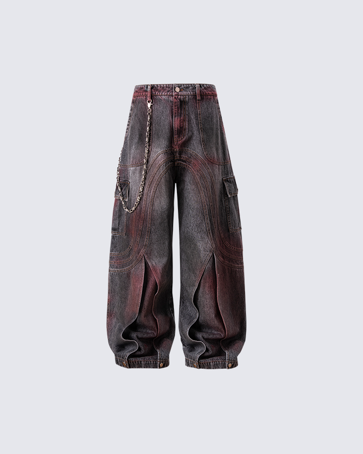 Langston | Paris Rote Verblassung 3D-Panel Weitbeinige Denimhose