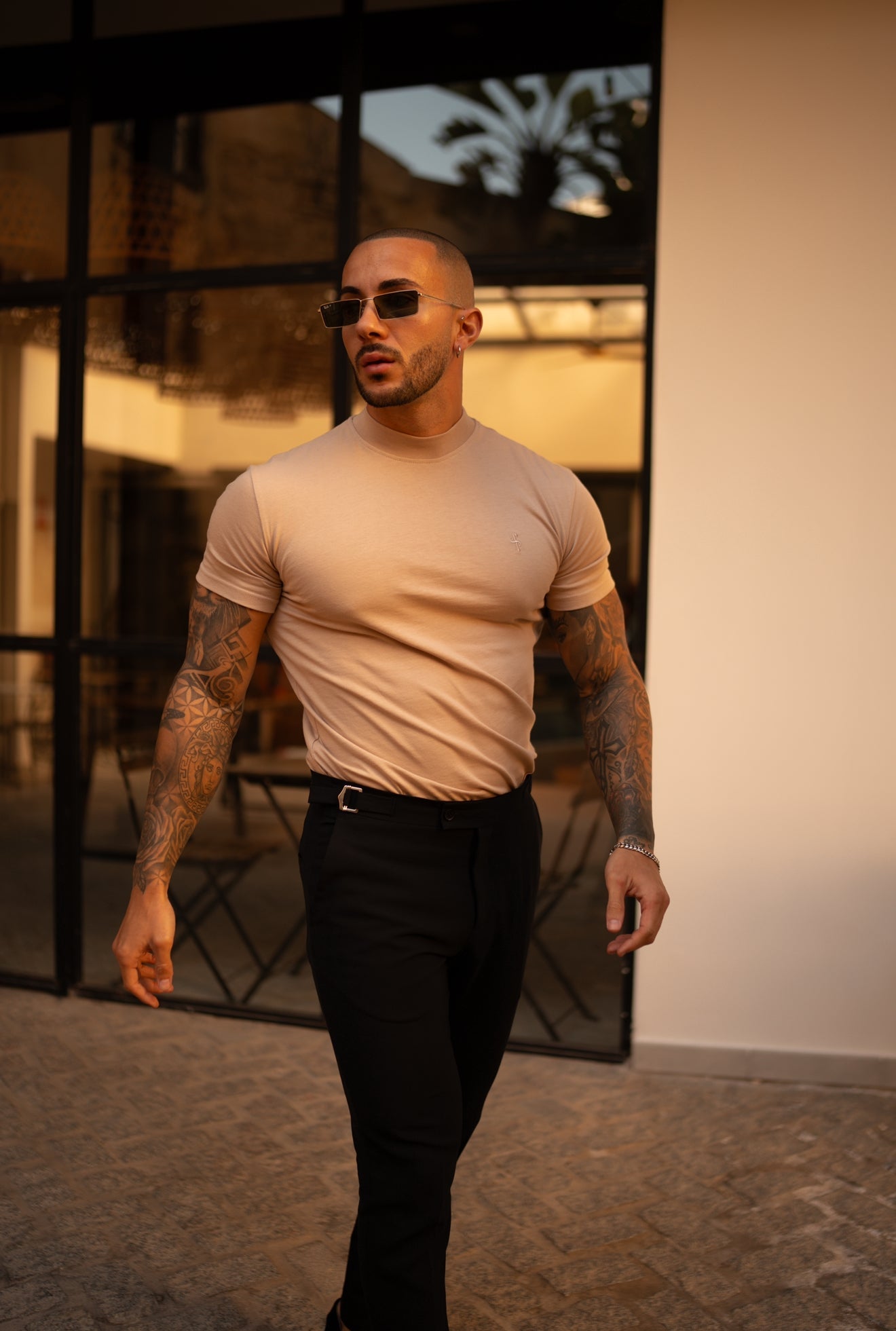 Jeremy |  Rippenausschnitt Rundhalskurzarm Beige