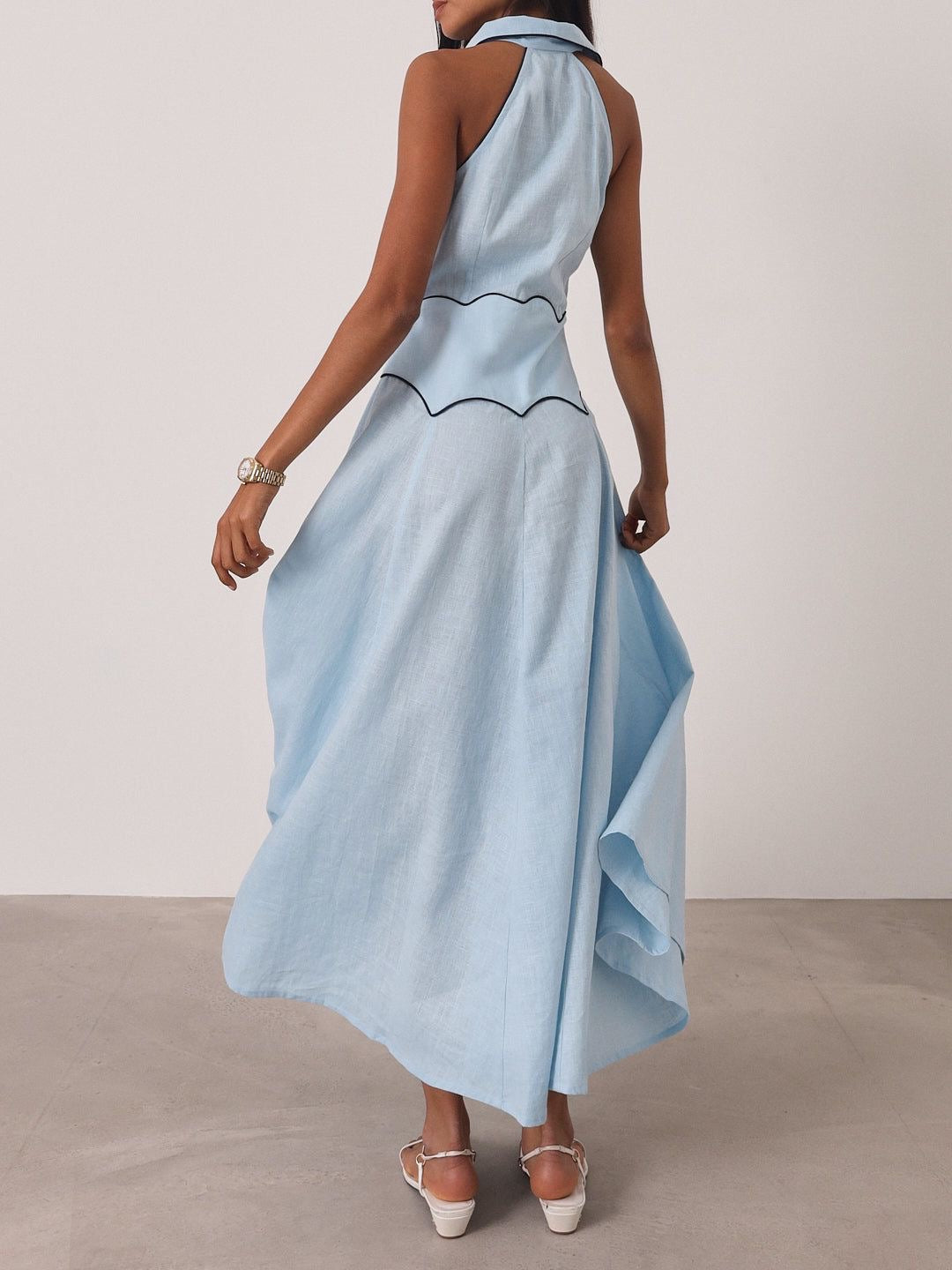 Steen | Kalila Kontrast-Ikonen-Kleid | Pastellblau/Marineblau