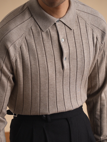 Ribbed Knit Polo Pullover