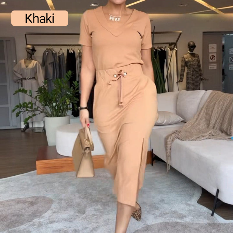 Pierce | Damen V-Ausschnitt T-Shirt und Midirock-Set