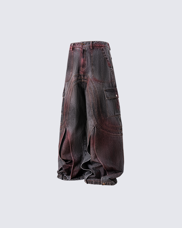 Langston | Paris Rote Verblassung 3D-Panel Weitbeinige Denimhose