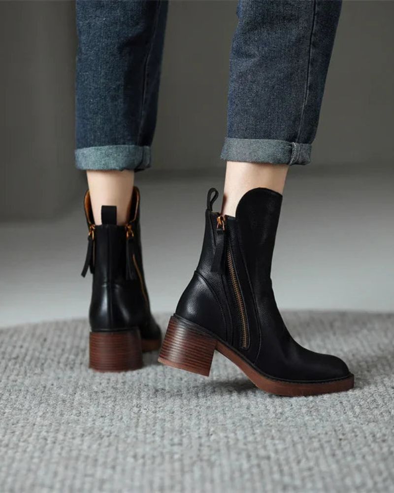 Lilith | Schwarzer Lederstiefel mit bequemem Absatz, elegant und zeitlos