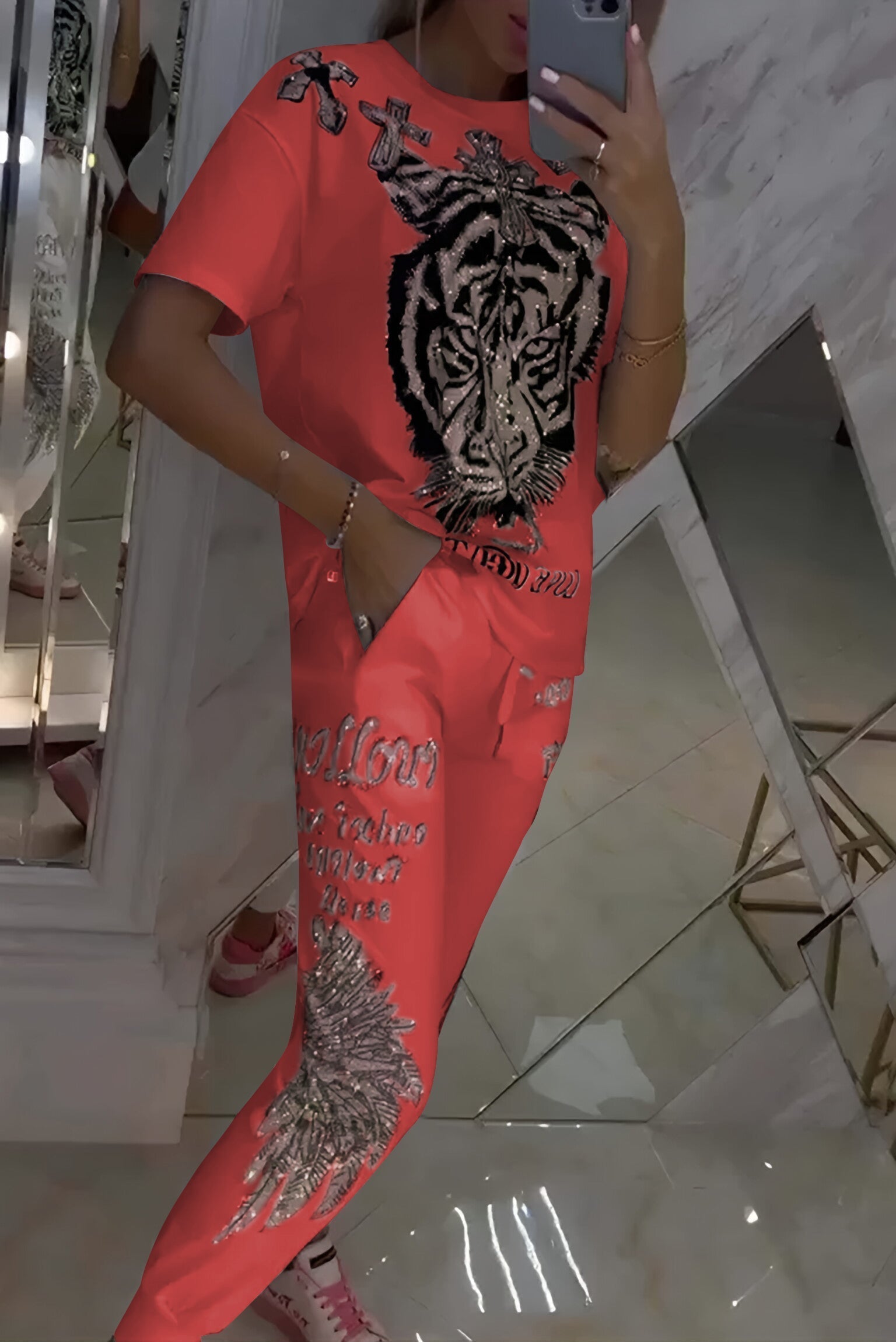 Fatima | Zweiteiliges Damenset Top und Hose im modischen Rautenmuster