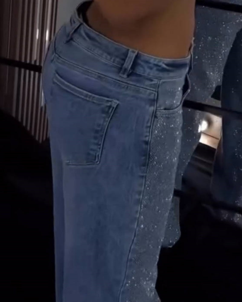 Maxton | Shapshe® Damenmode Vielseitige Wide Leg Jeans mit Strass