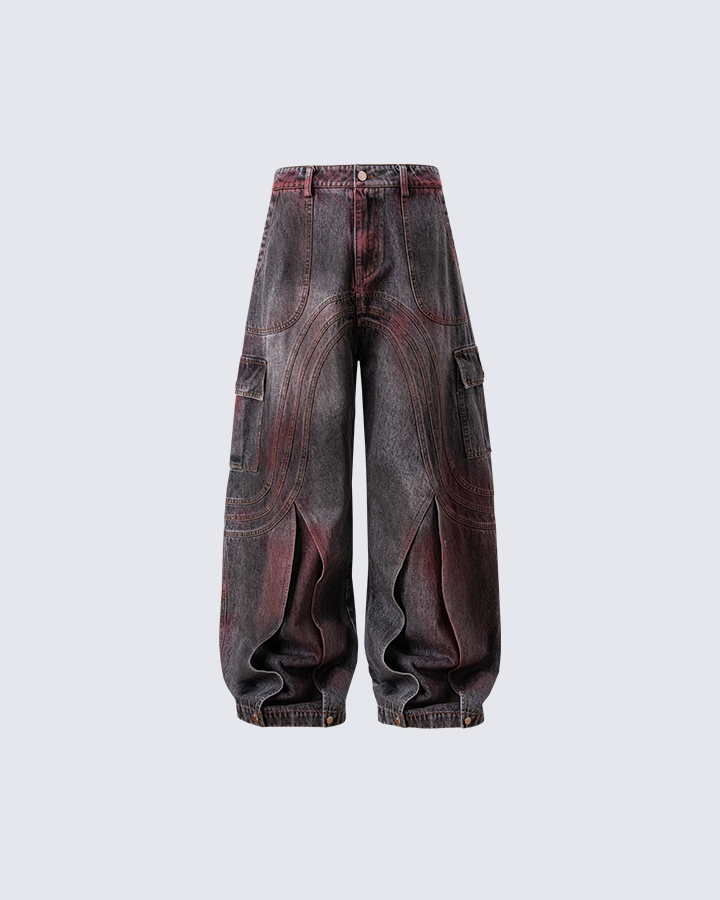 Langston | Paris Rote Verblassung 3D-Panel Weitbeinige Denimhose