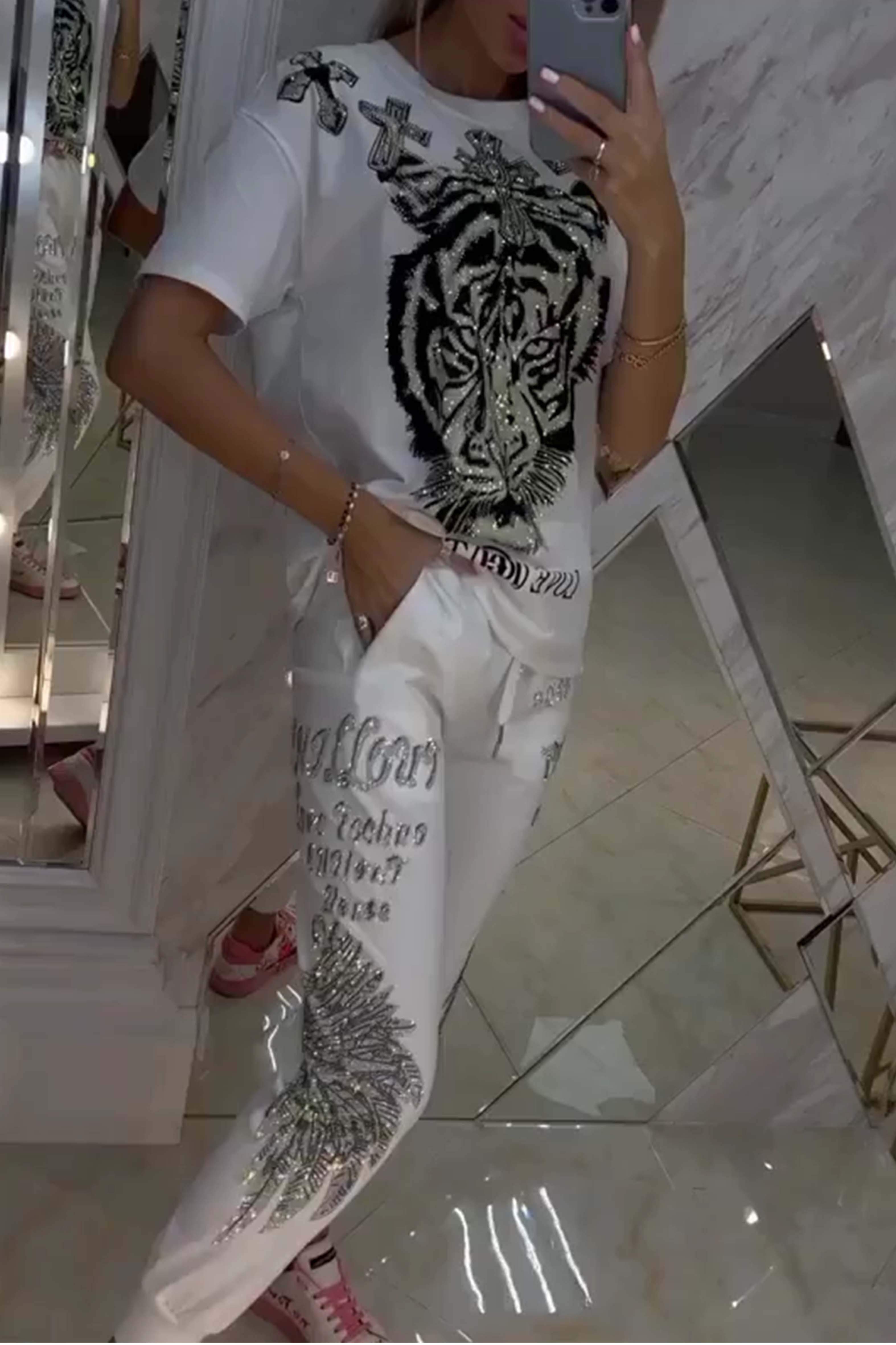 Fatima | Zweiteiliges Damenset Top und Hose im modischen Rautenmuster