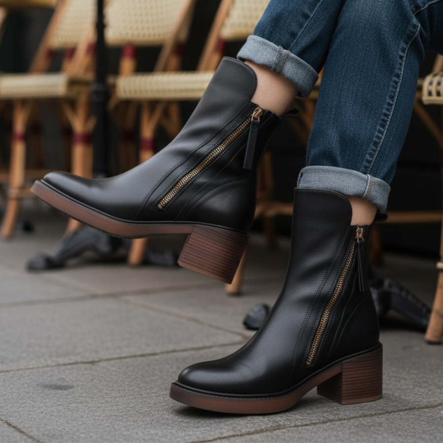 Lilith | Schwarzer Lederstiefel mit bequemem Absatz, elegant und zeitlos