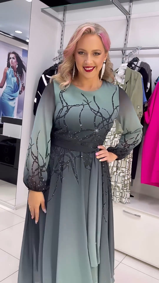 Asherim | Luxus-Chiffonkleid mit Farbverlauf und Kristallverzierung