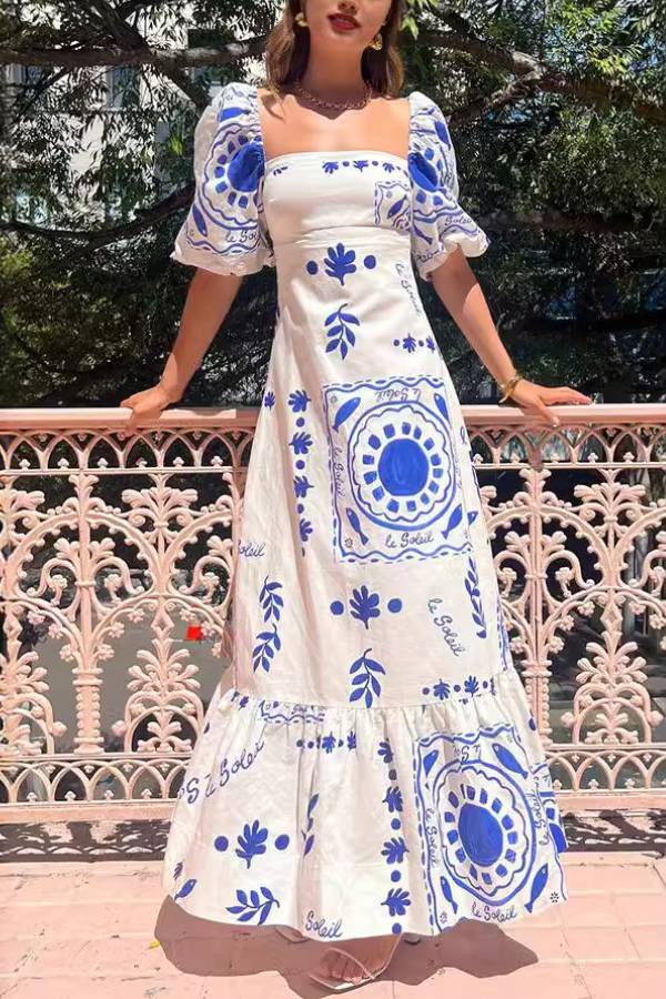 Elvis | Sonnensuche Blumenprint Quadrat-Ausschnitt Blasenärmel Maxikleid