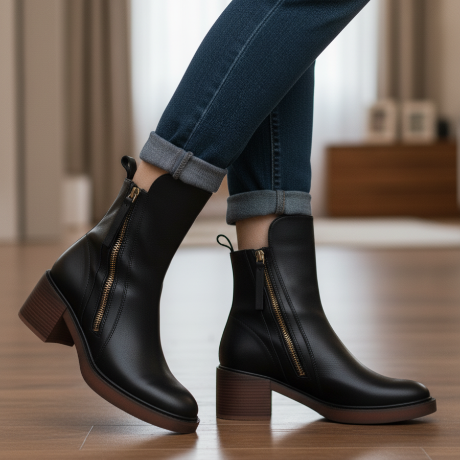 Lilith | Schwarzer Lederstiefel mit bequemem Absatz, elegant und zeitlos