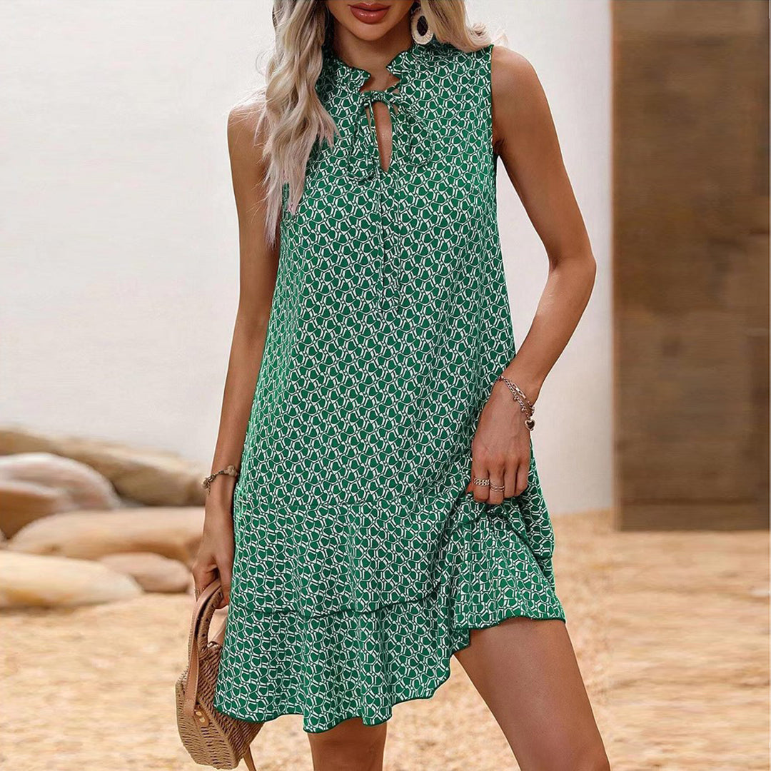 Ursula | Bohémien-bedrucktes Mini-Occasion-Kleid mit Rüschen