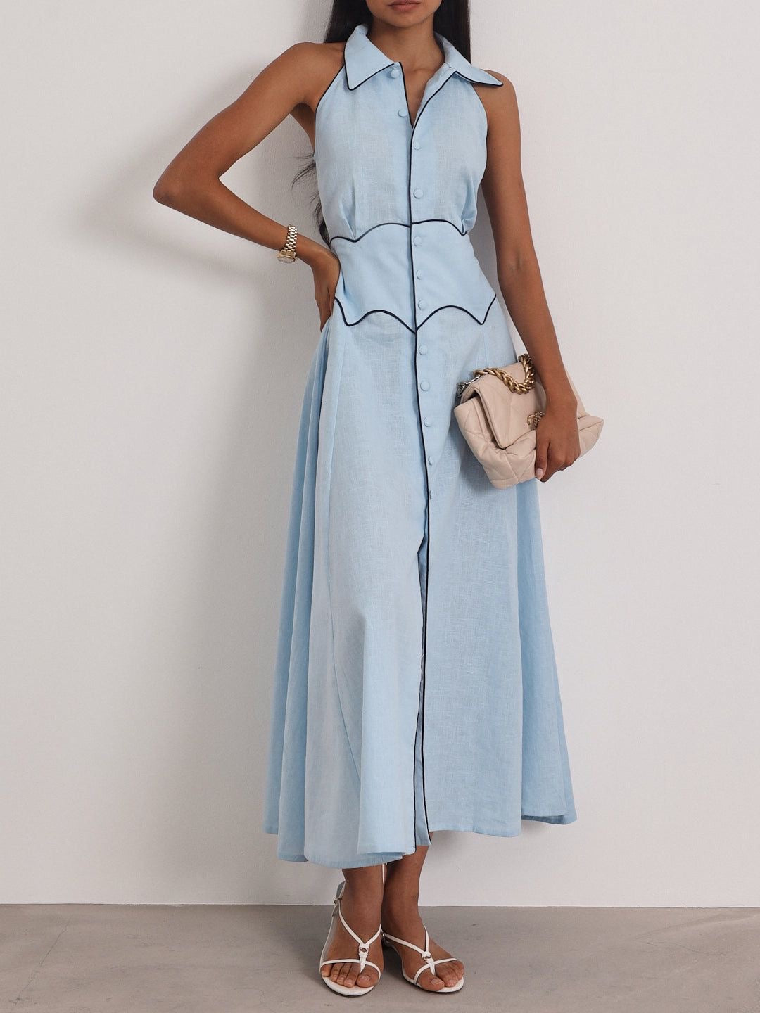 Steen | Kalila Kontrast-Ikonen-Kleid | Pastellblau/Marineblau