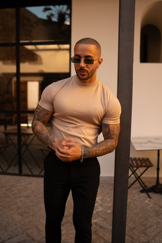 Jeremy |  Rippenausschnitt Rundhalskurzarm Beige