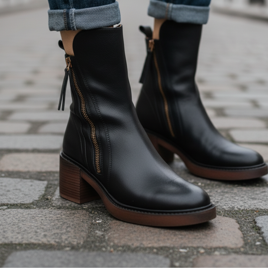 Lilith | Schwarzer Lederstiefel mit bequemem Absatz, elegant und zeitlos