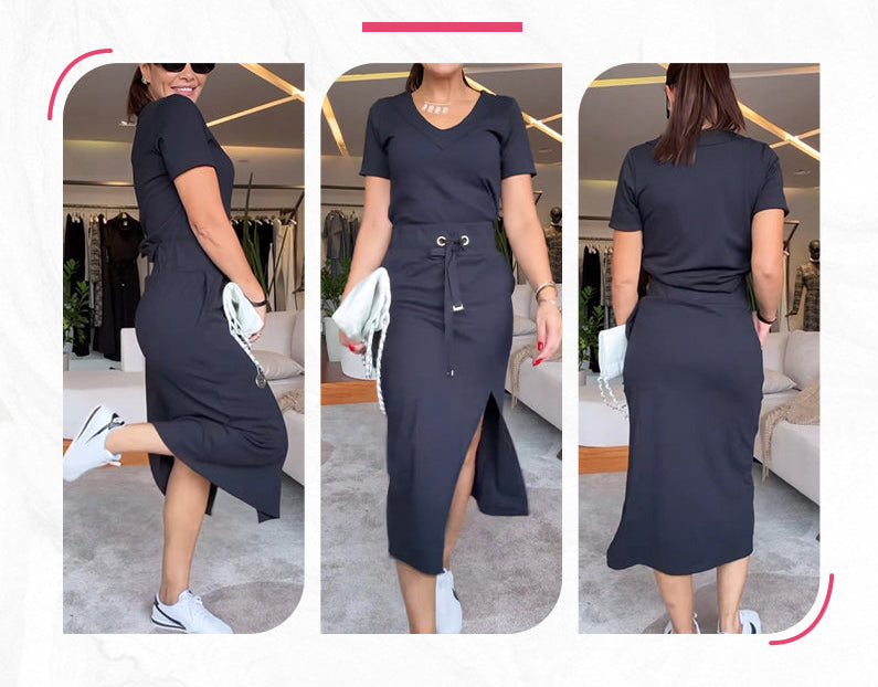 Pierce | Damen V-Ausschnitt T-Shirt und Midirock-Set