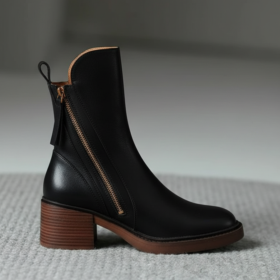 Lilith | Schwarzer Lederstiefel mit bequemem Absatz, elegant und zeitlos