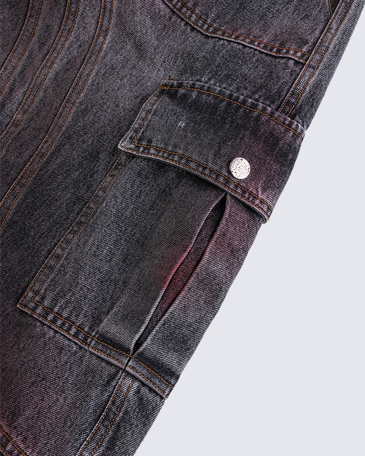 Langston | Paris Rote Verblassung 3D-Panel Weitbeinige Denimhose