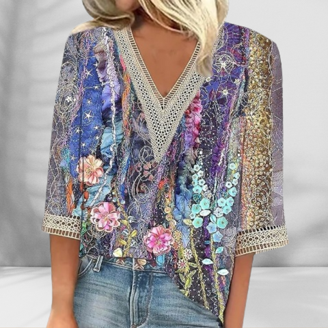 Darlene | Boho-Bluse mit floralen Motiven und langen Ärmeln