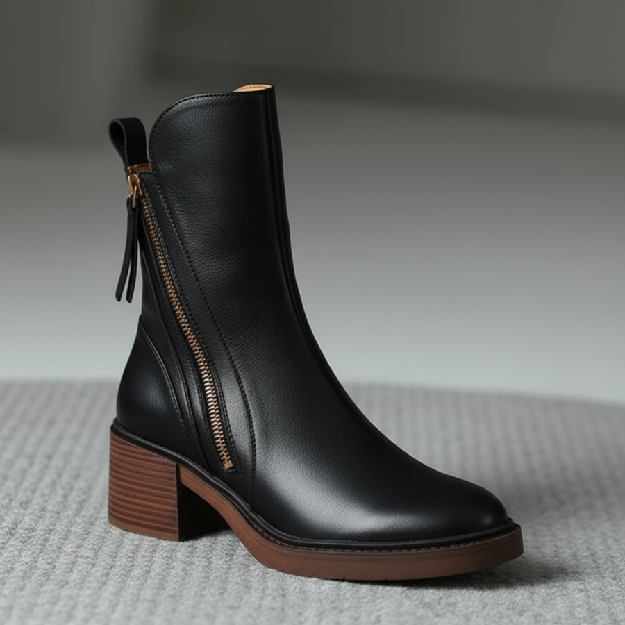 Lilith | Schwarzer Lederstiefel mit bequemem Absatz, elegant und zeitlos
