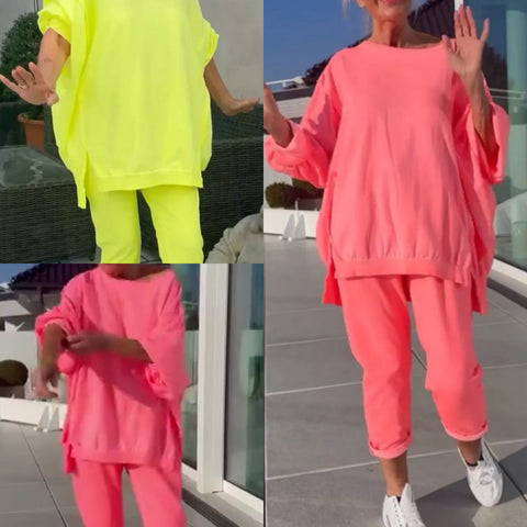 Brace | Runder Halsausschnitt Schlitz fluoreszierende Farbe Casual Anzug für Damen