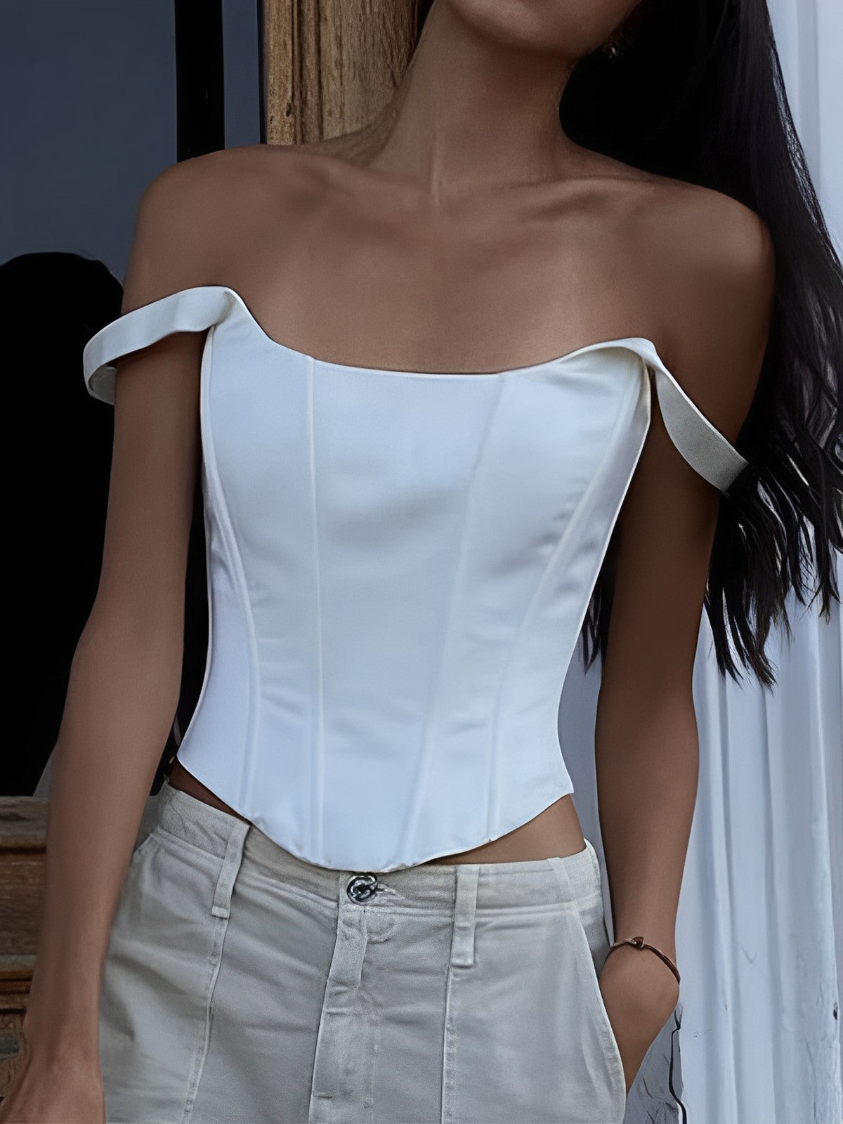 Mia | Elfenbeinfarbenes Glow Tied Crop Korsett-Top