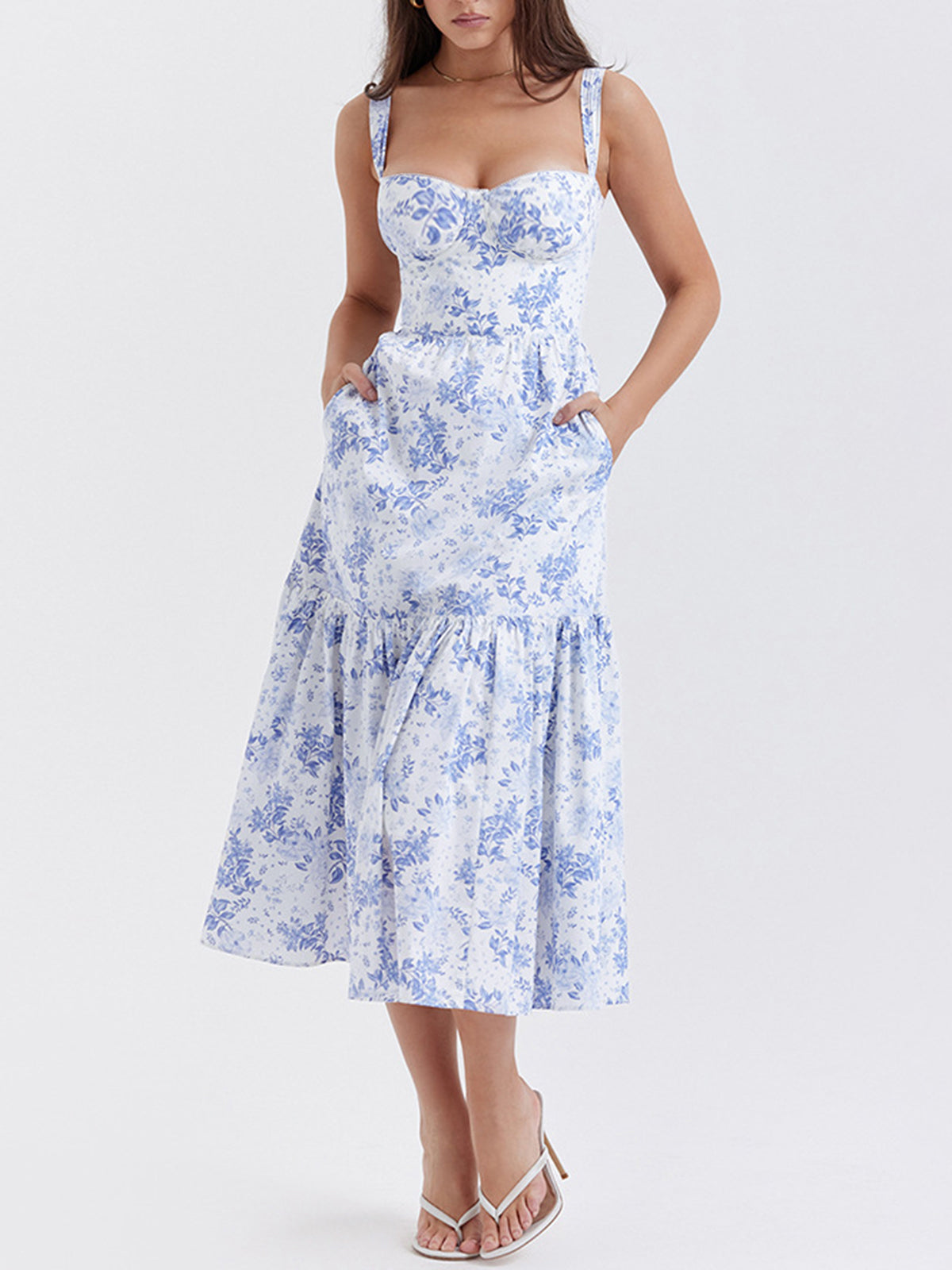 Verzauberte Eleganz | Forget Me Not Floral Pockets Langes Kleid mit Reißverschluss