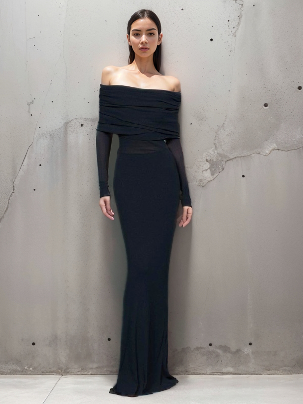 Marie | Überfaltetes schulterfreies Kleid mit langen Ärmeln aus Mesh