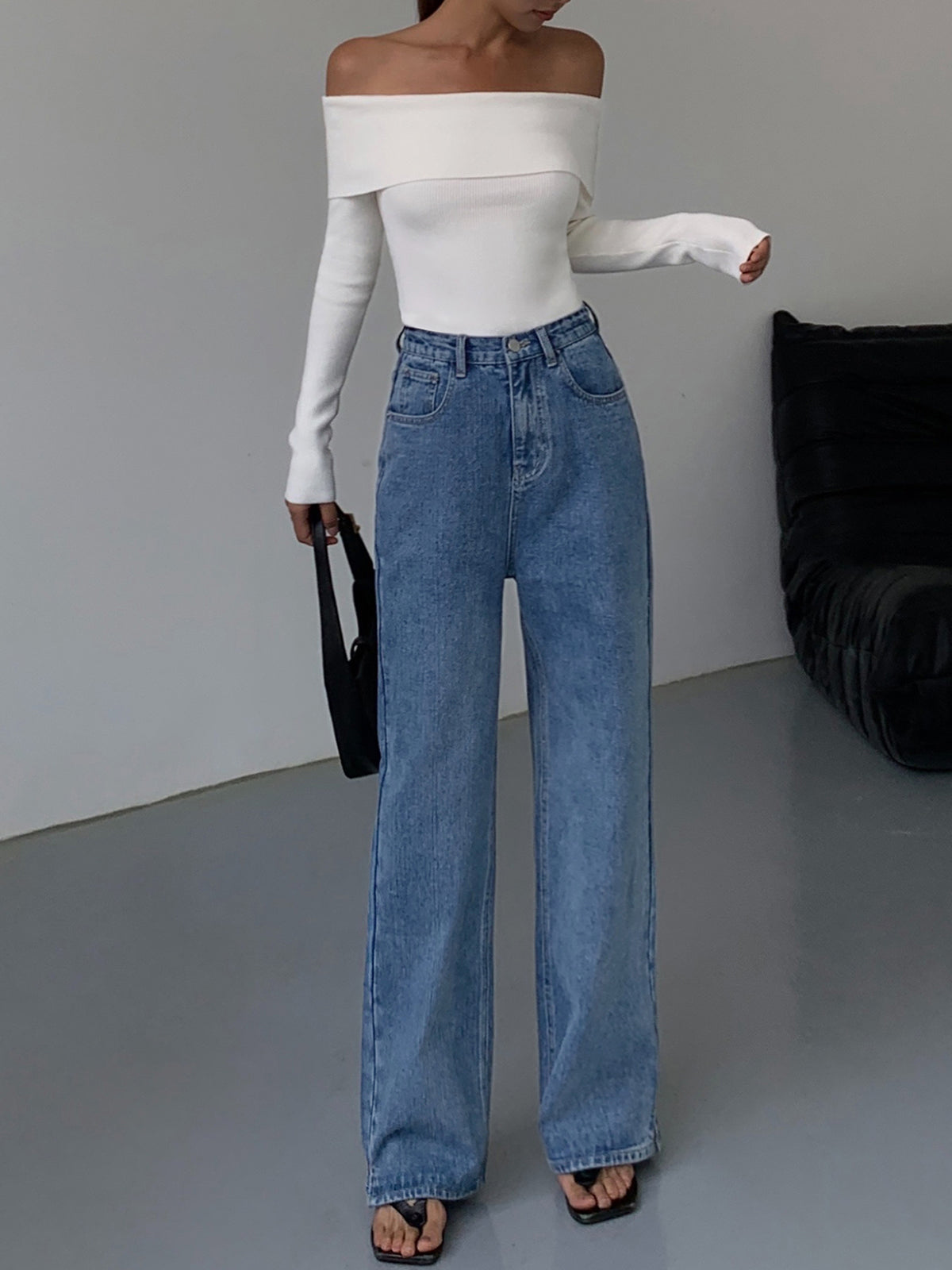 Laura | Schulterfreies Overfold Langarm-Strick-Top