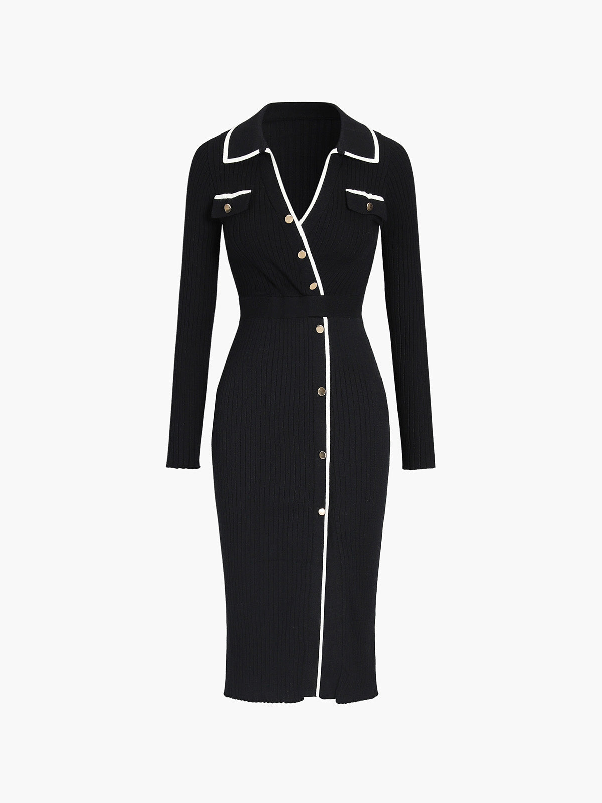 Clara | Elegantes Midi-Strickkleid mit Wickeloptik und Kontrastbesatz