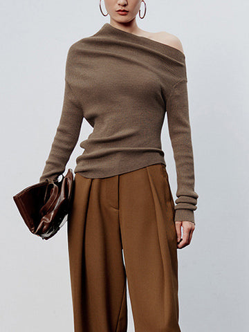 Clara | Asymmetrisches Karamell-Strick-Top mit langen Ärmeln