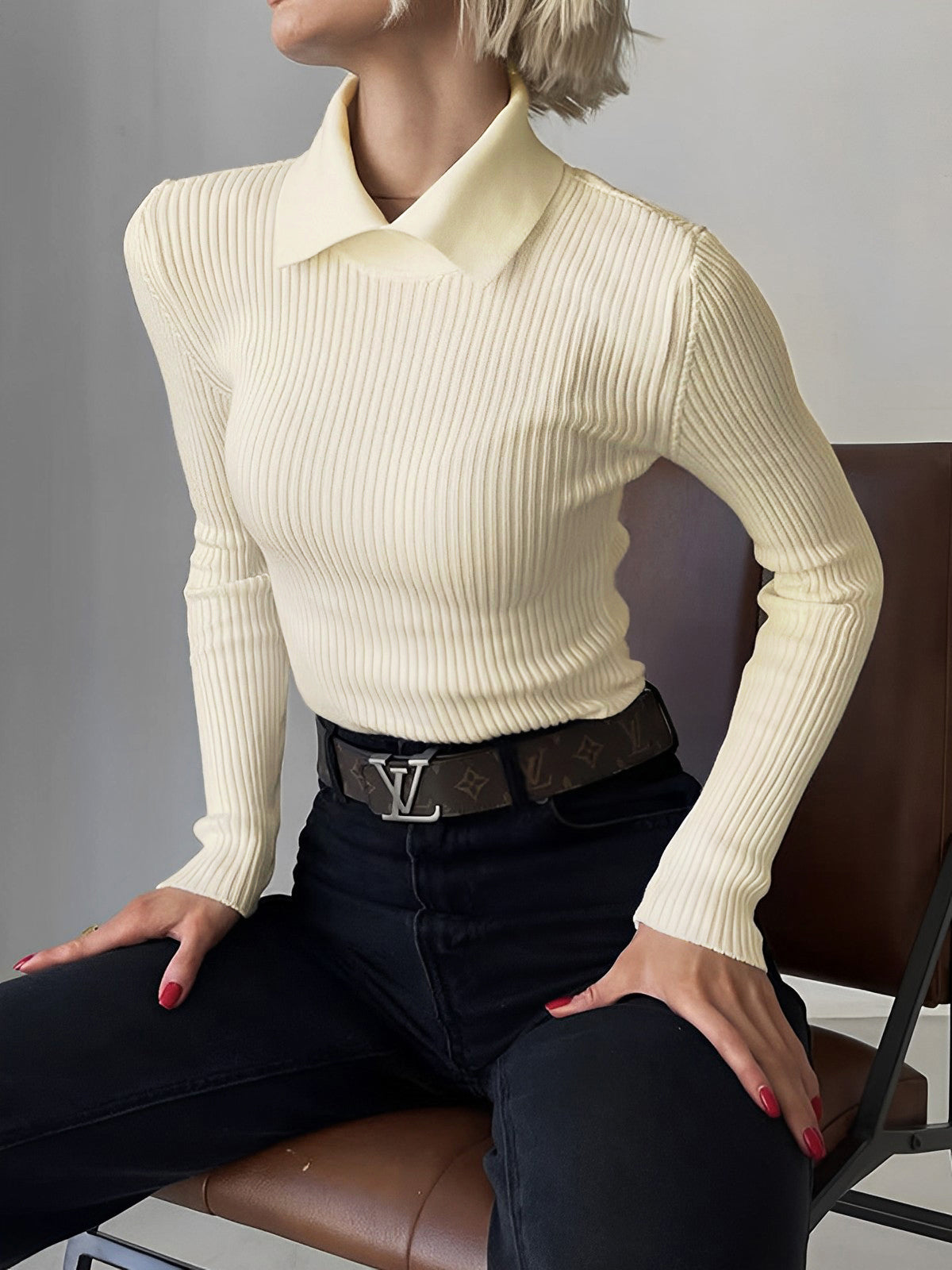 Eleganz erleben | Vanilla Polo Langarm-Strickoberteil