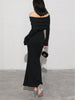 Antonia | Elegantes schulterfreies Kleid mit langen Ärmeln in Anthrazit