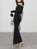 Antonia | Elegantes schulterfreies Kleid mit langen Ärmeln in Anthrazit