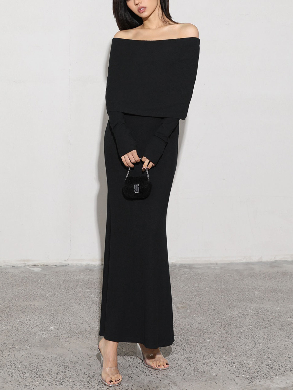 Antonia | Elegantes schulterfreies Kleid mit langen Ärmeln in Anthrazit
