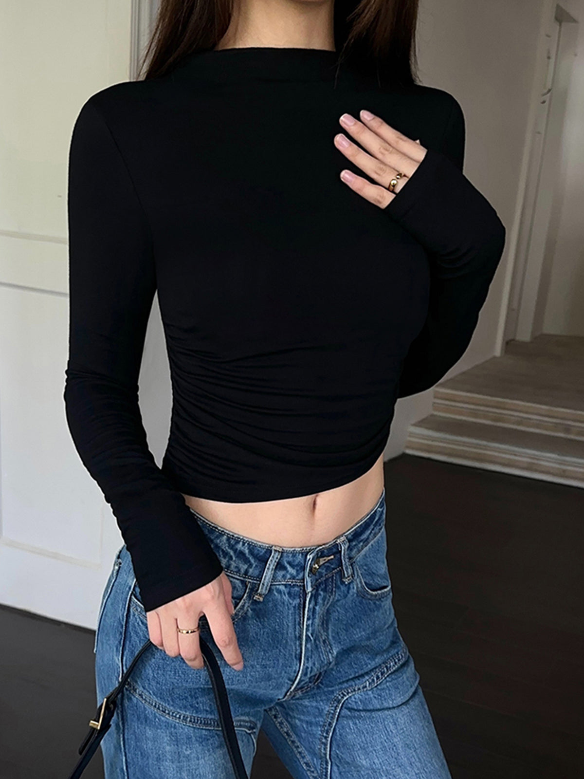 Clara | Elegantes Langarm Crop Shirt mit Rippenstrickdesign