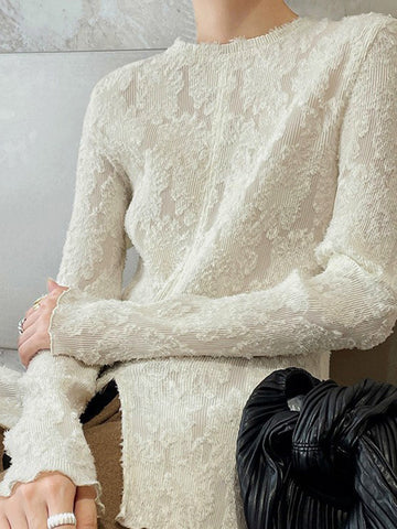 Eleganz | Semi-transparente Jacquard-Spitzenoberteil mit langen Ärmeln