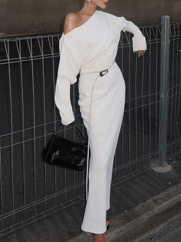 Sophie | Asymmetrisches schulterfreies Maxikleid mit langen Ärmeln