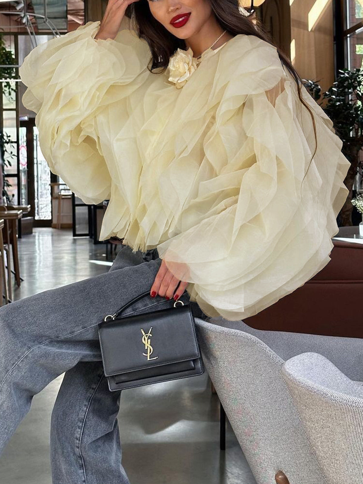 Clara | Chiffon Rüschen Bluse mit Rundhalsausschnitt