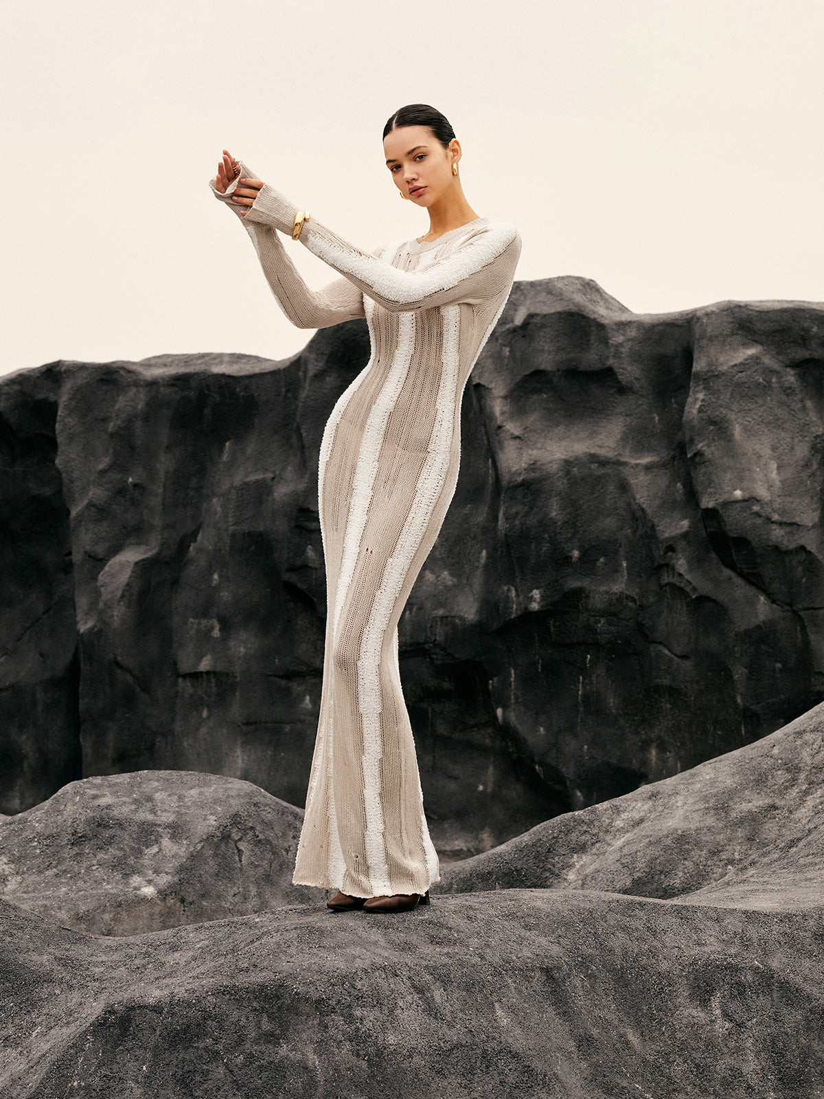 Lena | Jacquard Gestreiftes Häkel-Maxikleid