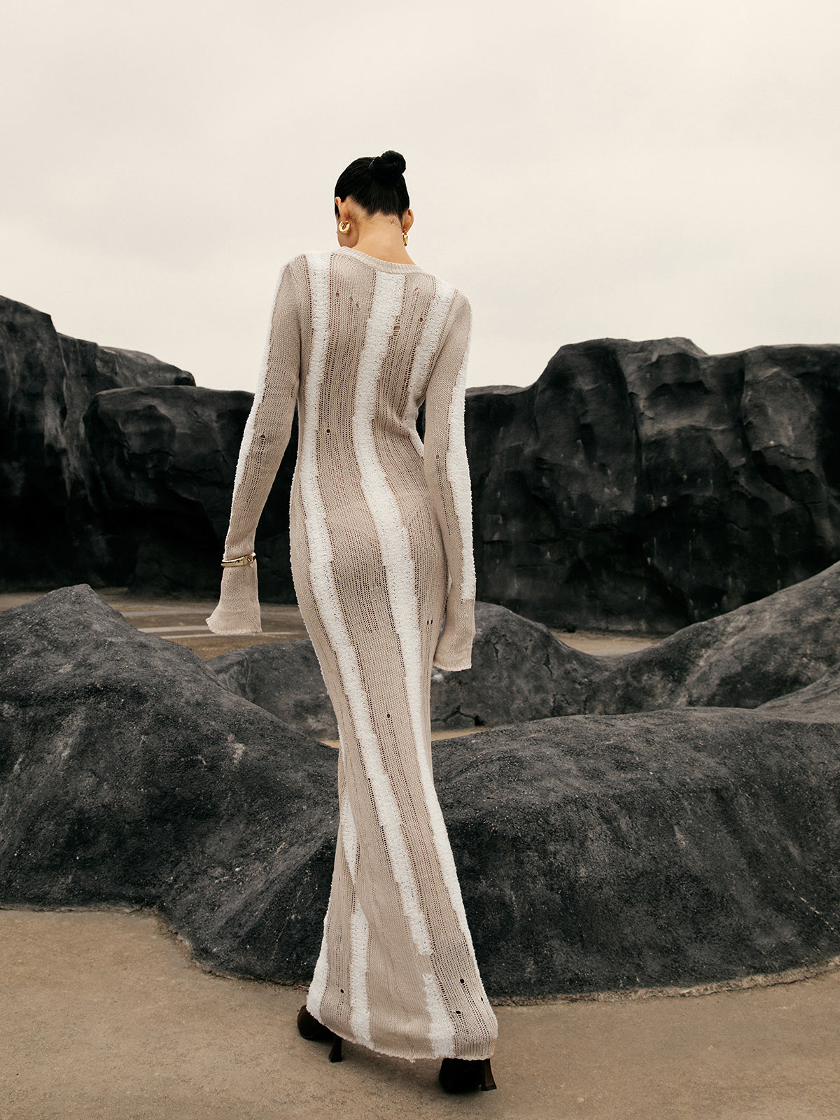 Lena | Jacquard Gestreiftes Häkel-Maxikleid