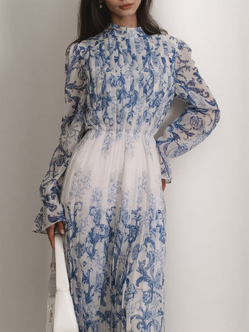 Anna | Plissiertes Langarmkleid mit Blumenmuster