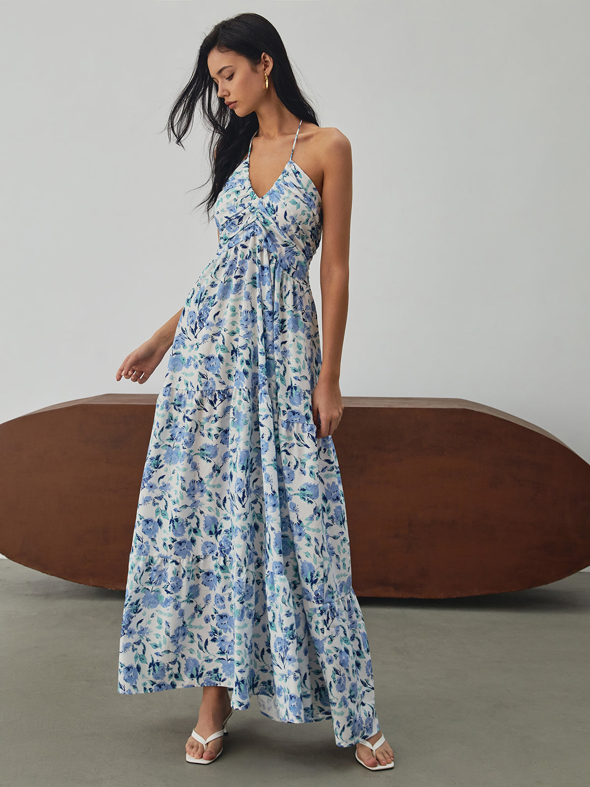 Clara | Blumenmuster Halter Maxi Kleid