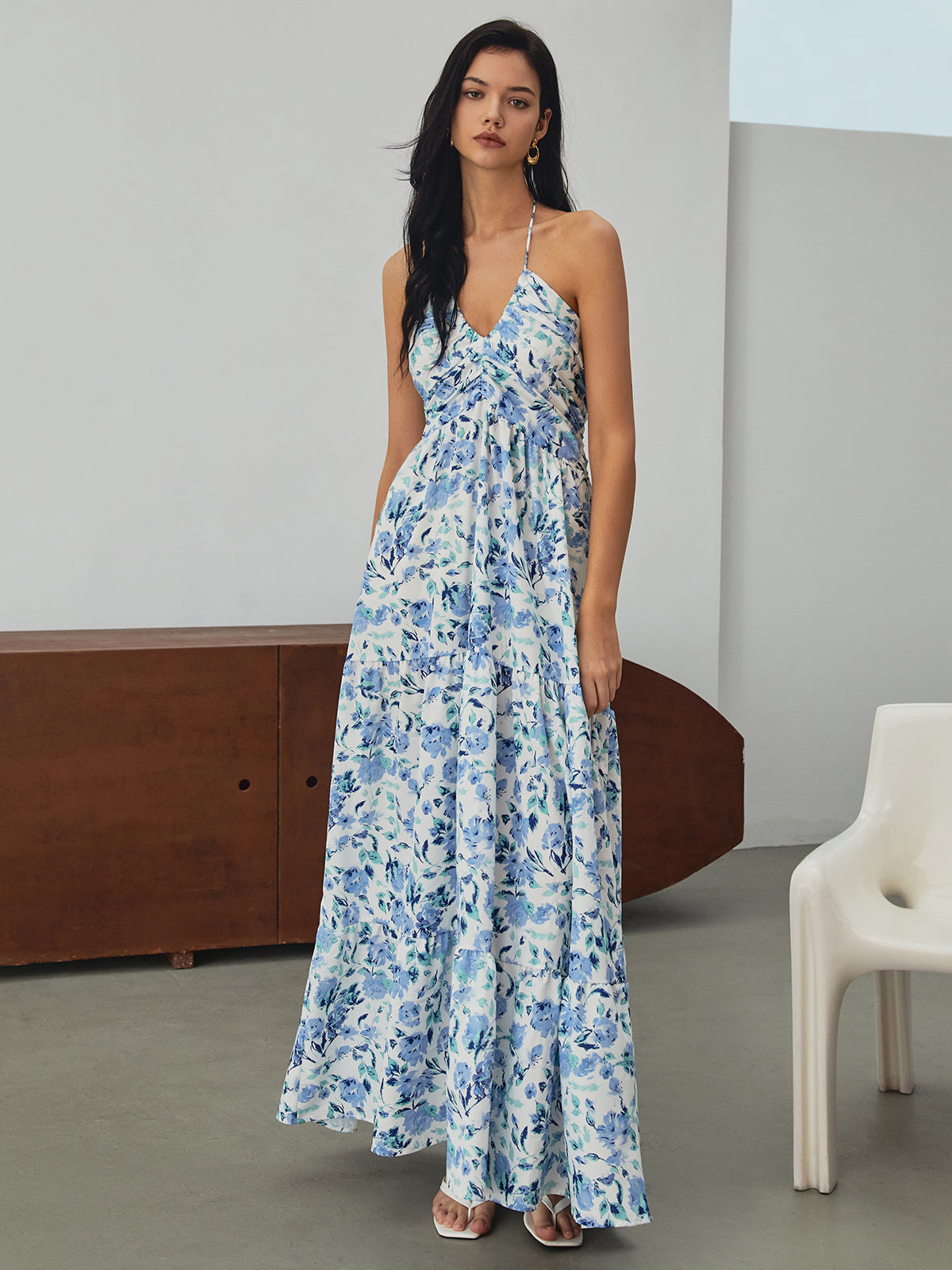 Clara | Blumenmuster Halter Maxi Kleid