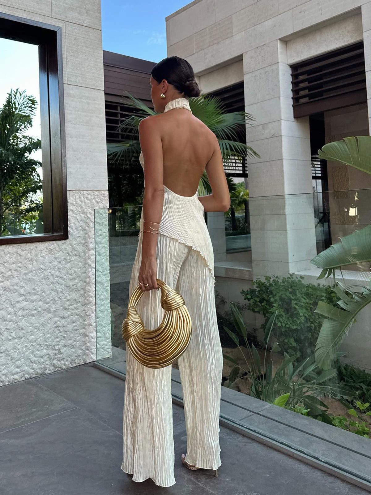 Clara | Asymmetrisches Halter-Crop-Top mit Weiten Hosen Set