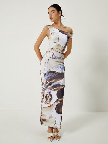 Clara | Asymmetrisches, bedrucktes, schulterfreies, langes Kleid
