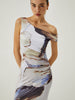 Clara | Asymmetrisches, bedrucktes, schulterfreies, langes Kleid