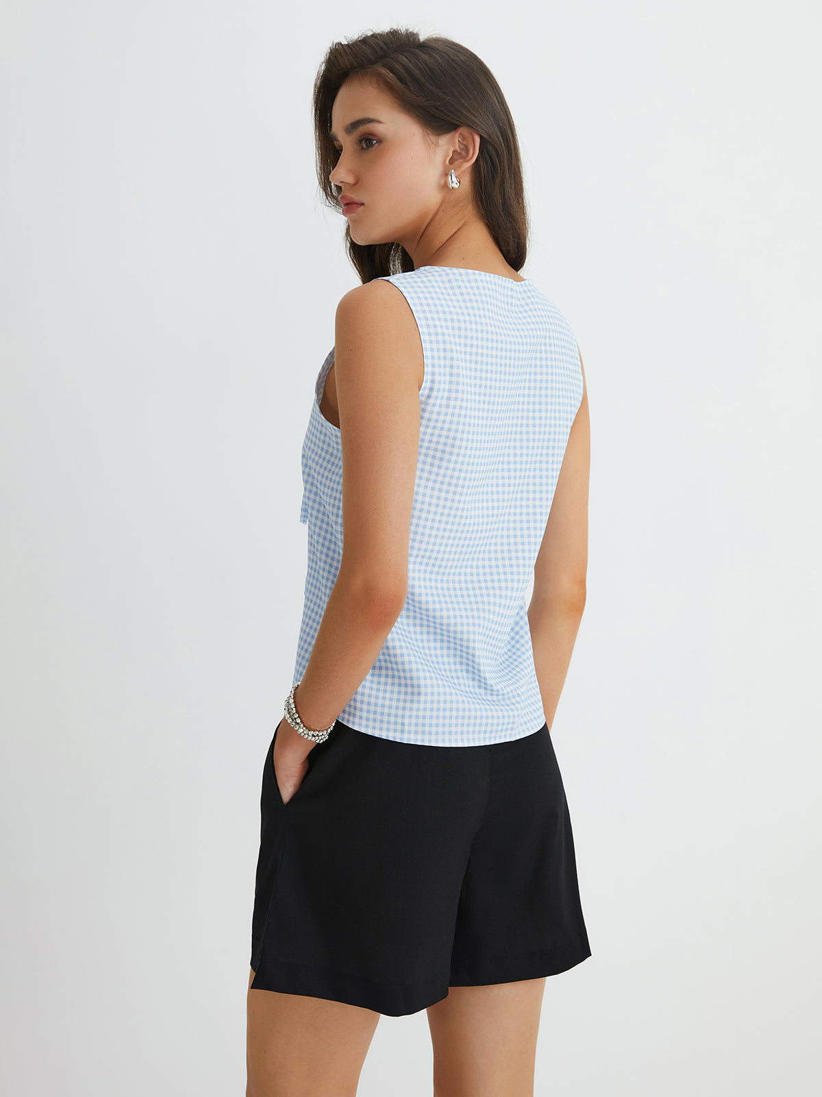 Leni | Blaues Gingham-Top mit Krawatte