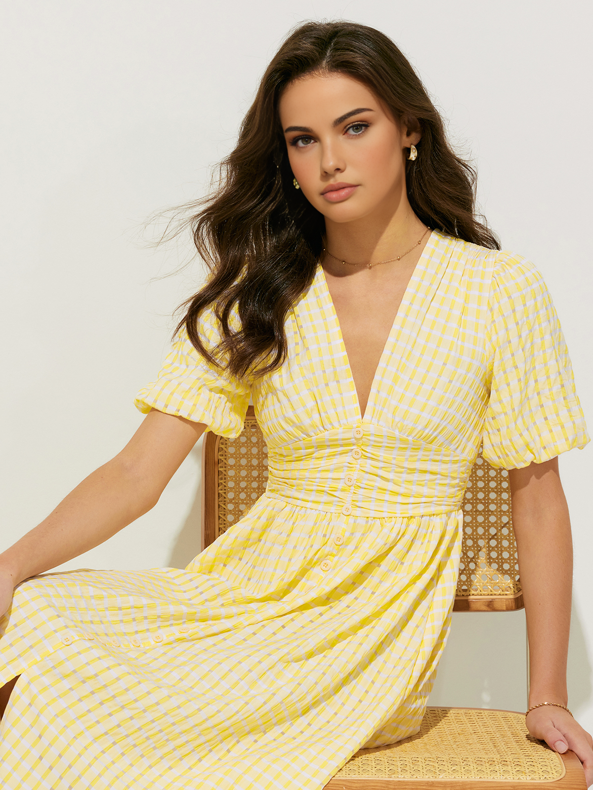 Clara | Midi Kleid mit Karomuster und Puffärmeln