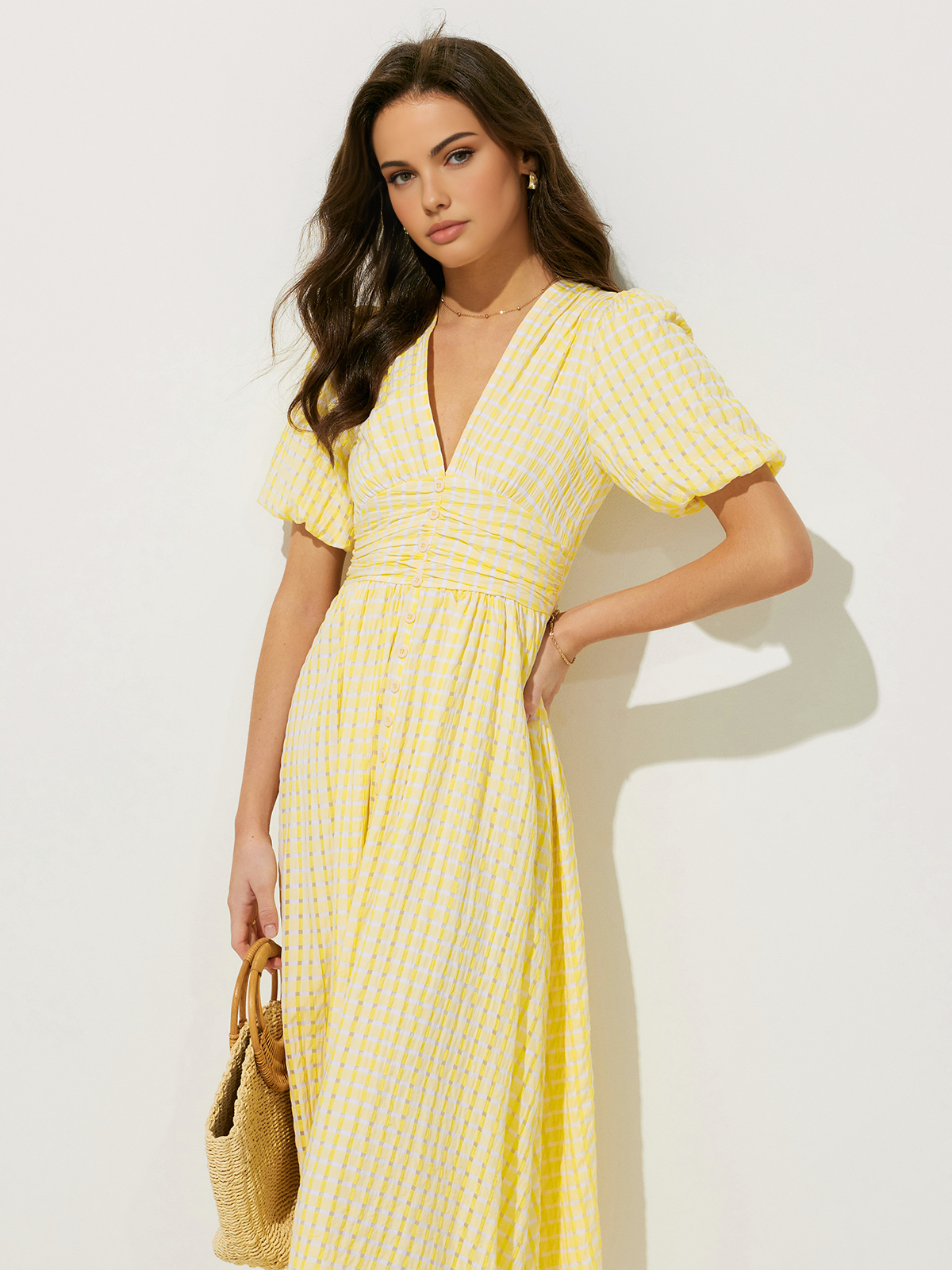 Clara | Midi Kleid mit Karomuster und Puffärmeln
